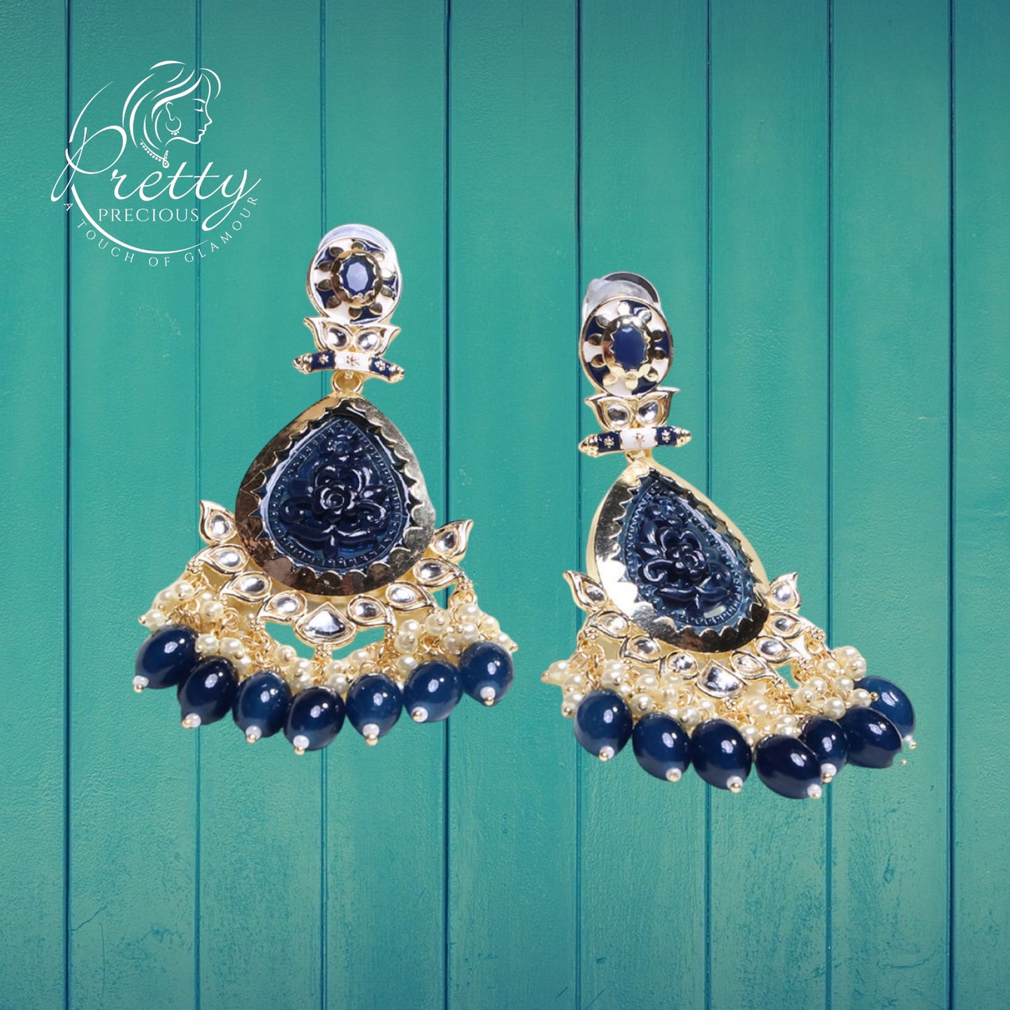 110902 Indo Western Beads Earring With Gold Plating-Peacockblue
