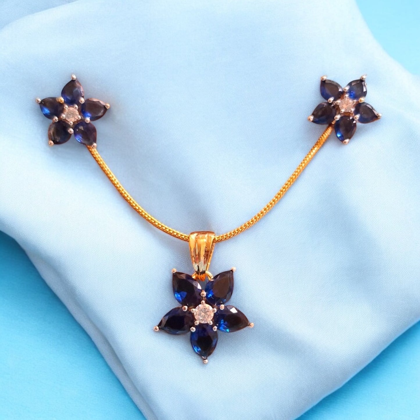 435242-American Diamond Delicate Pendant Set With Gold Plating-Blue