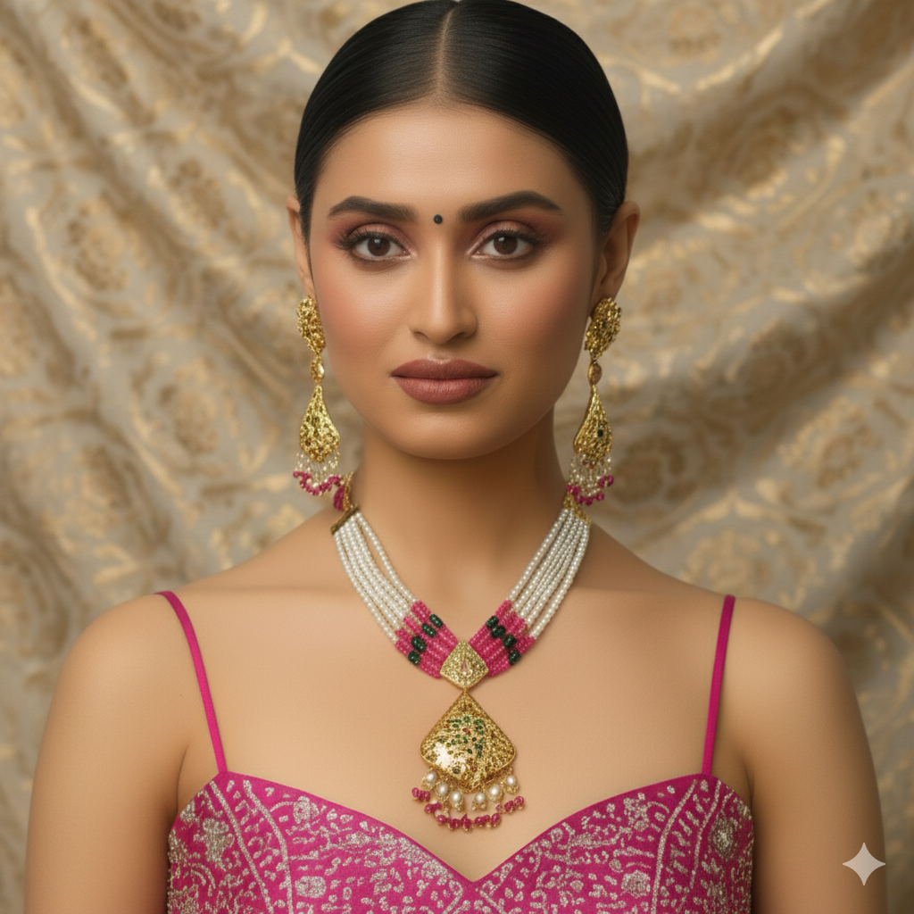 MJ-NS-922009 - Jadau Neckles Set Choker 1gm 24K Gold Plating-Pink