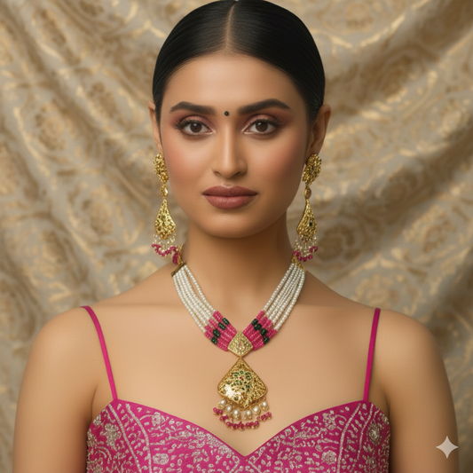 MJ-NS-922009 - Jadau Neckles Set Choker 1gm 24K Gold Plating-Pink