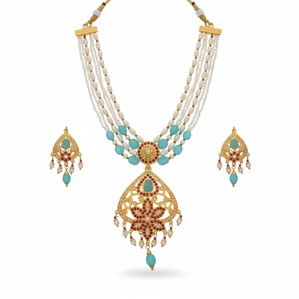 MJ-NS-922009 - Jadau Neckles Set Choker 1gm 24K Gold Plating-Blue