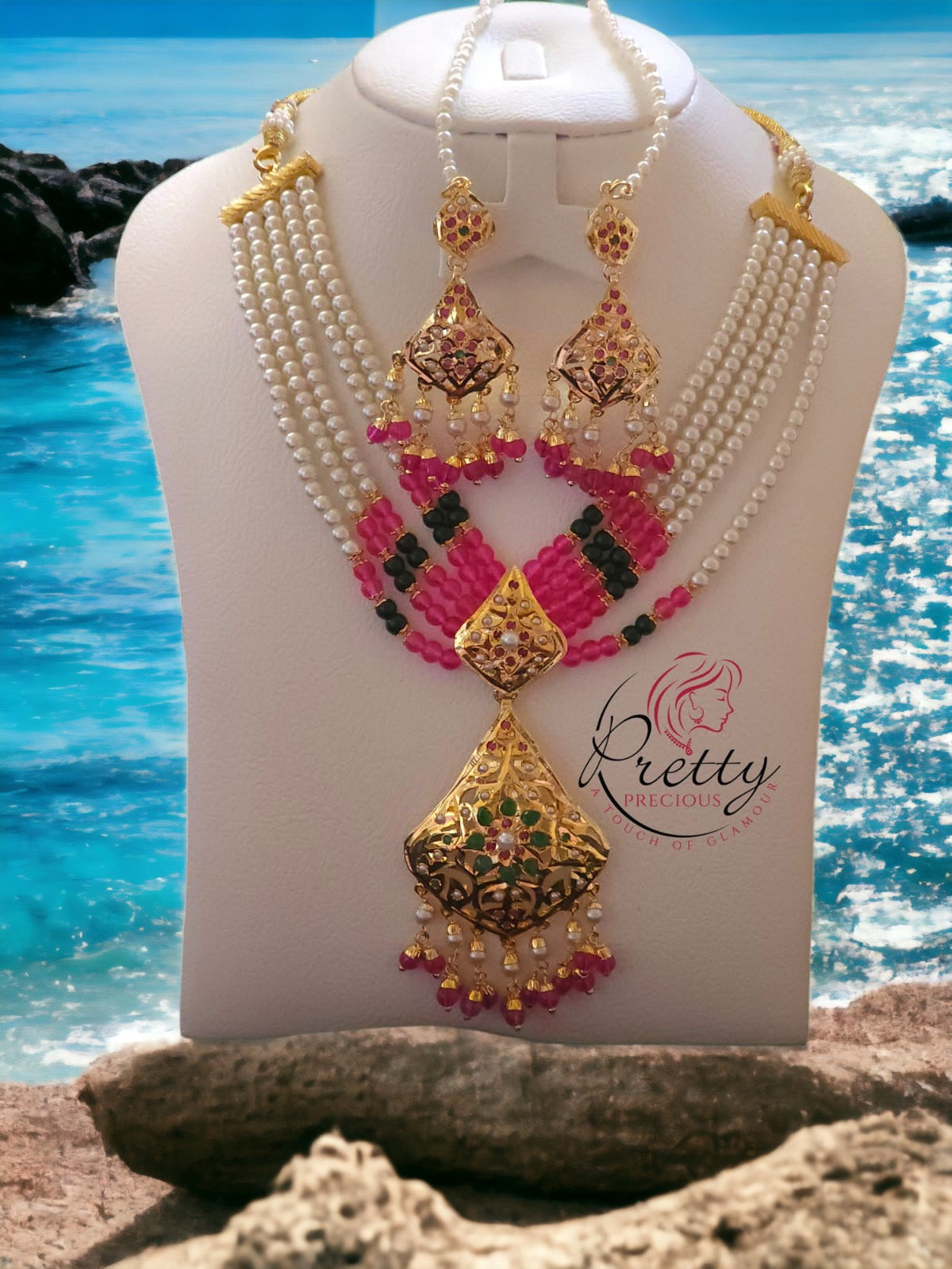 MJ-NS-922009 - Jadau Neckles Set Choker 1gm 24K Gold Plating-Pink