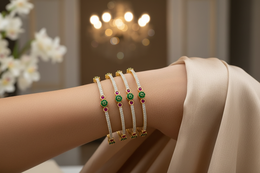 441852-Pretty Precious Gold Plated Cubic Zirconia/American Diamond Traditional Bangles/Bracelet Set of 4 for Women and Girls- Ruby Green (Size 2.6)