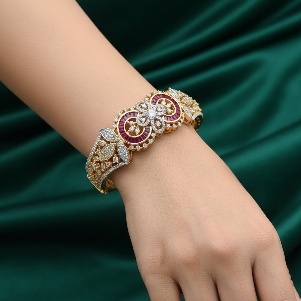 1432-Pretty Precious American Diamond Openable Kada Bracelet for Women, Gold & Silver Plating, Cubic Zirconia, One Size, Party & Wedding-Ruby