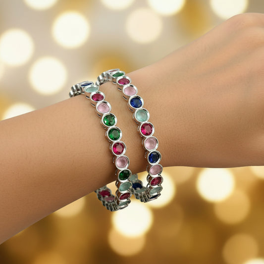 440601-Pretty Precious Rodhium-Plated Cubic Zirconia/American Diamond Traditional Bangles/Bracelet Set of 2 for Women and Girls -Multicolour (Size 2.6)