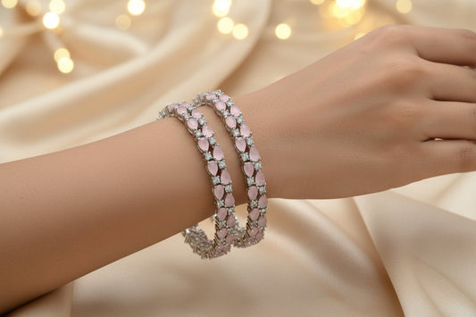 437284-Pretty Precious Rodhium-Plated Cubic Zirconia/American Diamond Traditional Bangles/Bracelet Set of 2 for Women and Girls -Pink (Size 2.6)