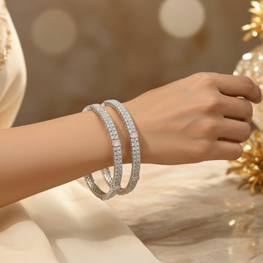 443275-Pretty Precious Rodhium-Plated Cubic Zirconia/American Diamond Traditional Bangles/Bracelet Set of 2 for Women and Girls -Pink (Size 2.6)
