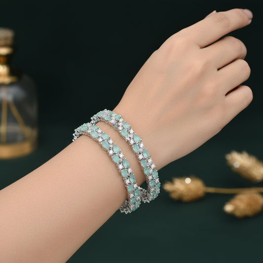 437284-Pretty Precious Rodhium-Plated Cubic Zirconia/American Diamond Traditional Bangles/Bracelet Set of 2 for Women and Girls -Mint (Size 2.4)