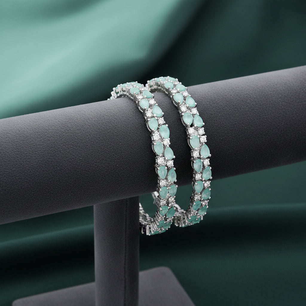 437284-Pretty Precious Rodhium-Plated Cubic Zirconia/American Diamond Traditional Bangles/Bracelet Set of 2 for Women and Girls -Mint (Size 2.4)