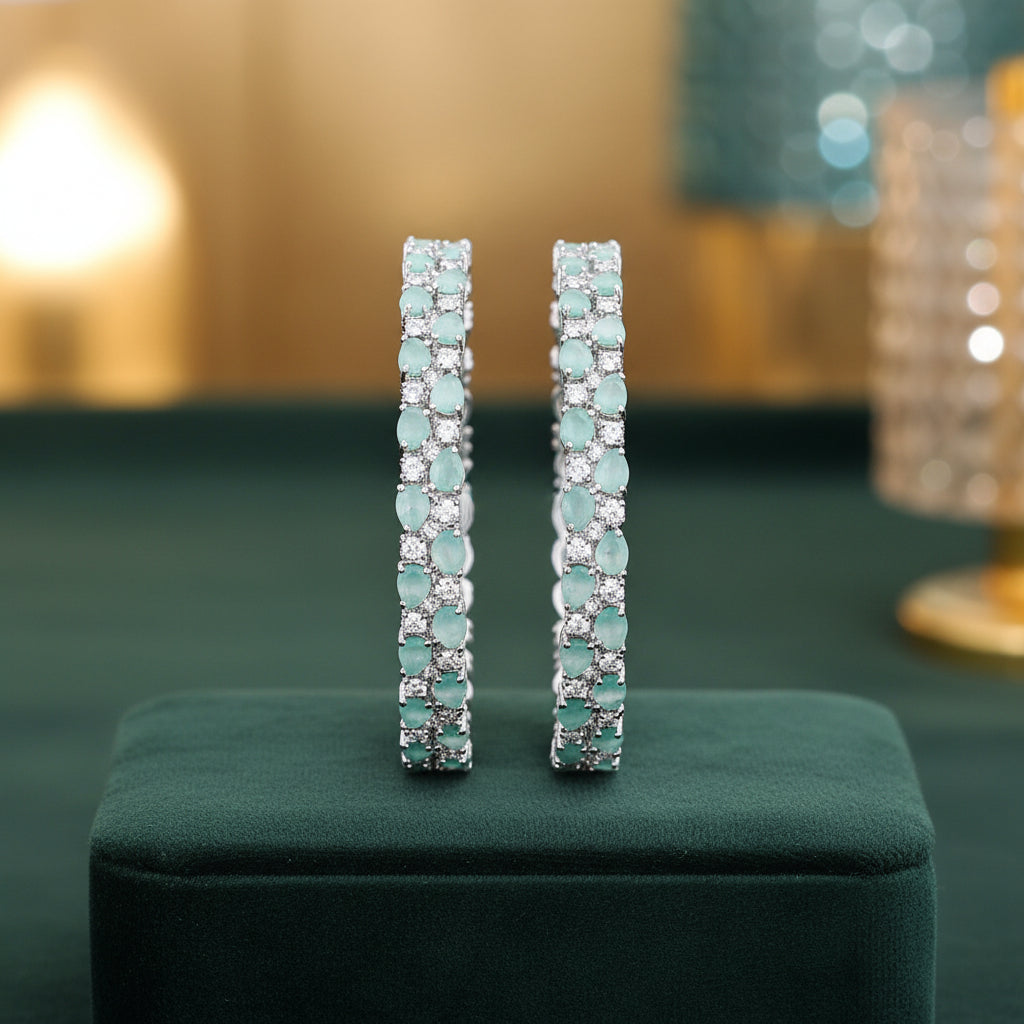 437284-Pretty Precious Rodhium-Plated Cubic Zirconia/American Diamond Traditional Bangles/Bracelet Set of 2 for Women and Girls -Mint (Size 2.4)