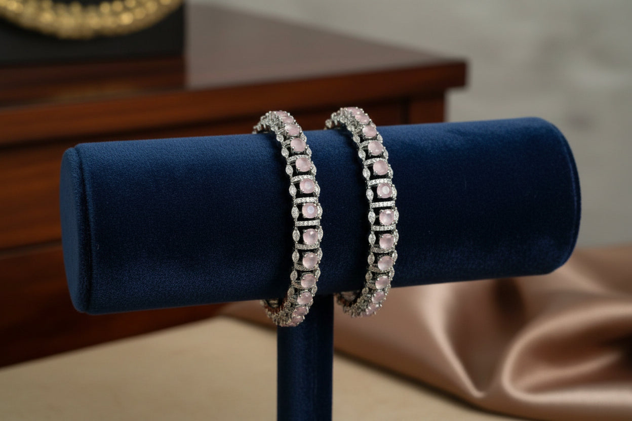 442296-Pretty Precious Rodhium-Plated Cubic Zirconia/American Diamond Traditional Bangles/Bracelet Set of 2 for Women and Girls -Pink (Size 2.4)