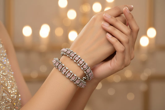 442296-Pretty Precious Rodhium-Plated Cubic Zirconia/American Diamond Traditional Bangles/Bracelet Set of 2 for Women and Girls -Pink (Size 2.4)