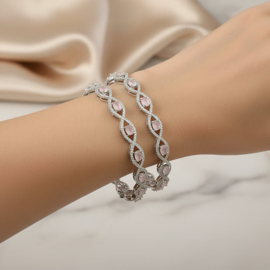 443271-Pretty Precious Rodhium-Plated Cubic Zirconia/American Diamond Traditional Bangles/Bracelet Set of 2 for Women and Girls -Pink (Size 2.8)