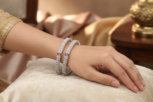 443274-Pretty Precious Rodhium-Plated Cubic Zirconia/American Diamond Traditional Bangles/Bracelet Set of 2 for Women and Girls -Rani (Size 2.10)