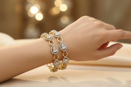 443129-Pretty Precious Two Tone Cubic Zirconia/American Diamond Traditional Bangles/Bracelet Set of 2 for Women and Girls- (Size 2.8)