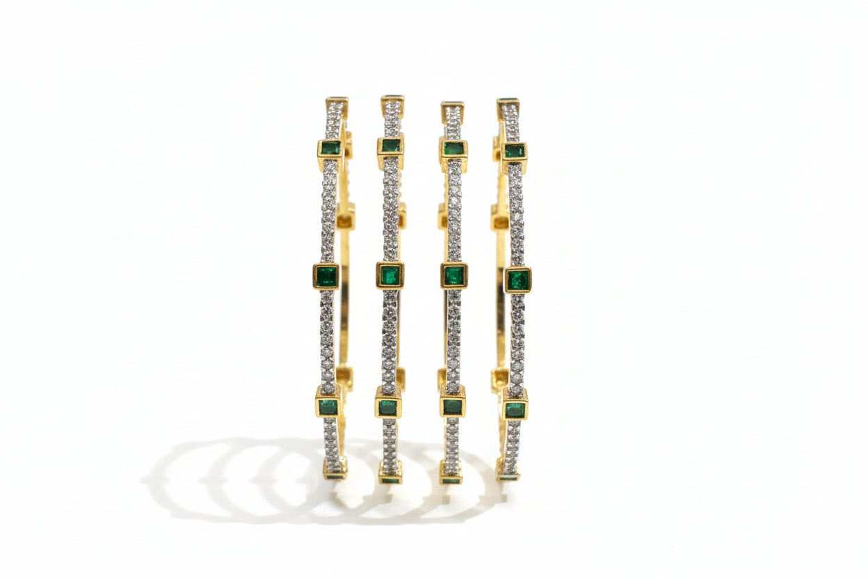 440112-Pretty Precious Gold Plated Cubic Zirconia/American Diamond Traditional Bangles/Bracelet Set of 4 for Women and Girls-Green (Size 2.10)