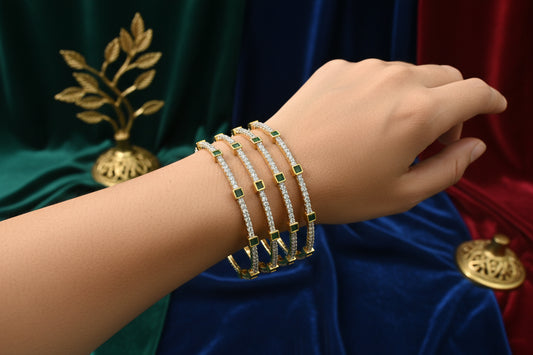 440112-Pretty Precious Gold Plated Cubic Zirconia/American Diamond Traditional Bangles/Bracelet Set of 4 for Women and Girls-Green (Size 2.10)