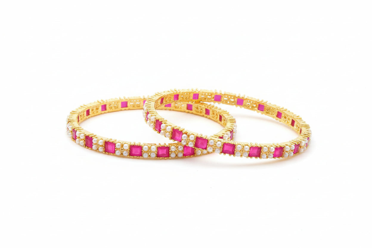 428397-Pretty Precious Gold Plated Cubic Zirconia/American Diamond Traditional Bangles/Bracelet Set of 2 for Women and Girls- Ruby with moti (Size 2.10)
