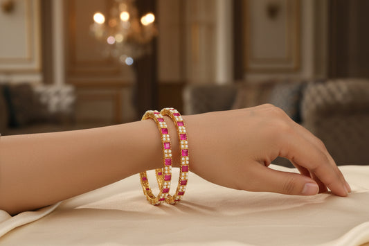 428397-Pretty Precious Gold Plated Cubic Zirconia/American Diamond Traditional Bangles/Bracelet Set of 2 for Women and Girls- Ruby with moti (Size 2.10)