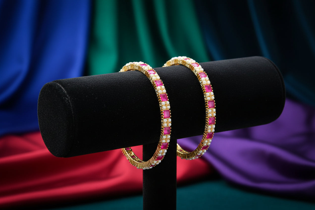 428397-Pretty Precious Gold Plated Cubic Zirconia/American Diamond Traditional Bangles/Bracelet Set of 2 for Women and Girls- Ruby with moti (Size 2.10)