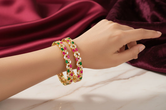 438277-Pretty Precious Gold Plated Cubic Zirconia/American Diamond Traditional Bangles/Bracelet Set of 2 for Women and Girls- Ruby Green (Size 2.10)