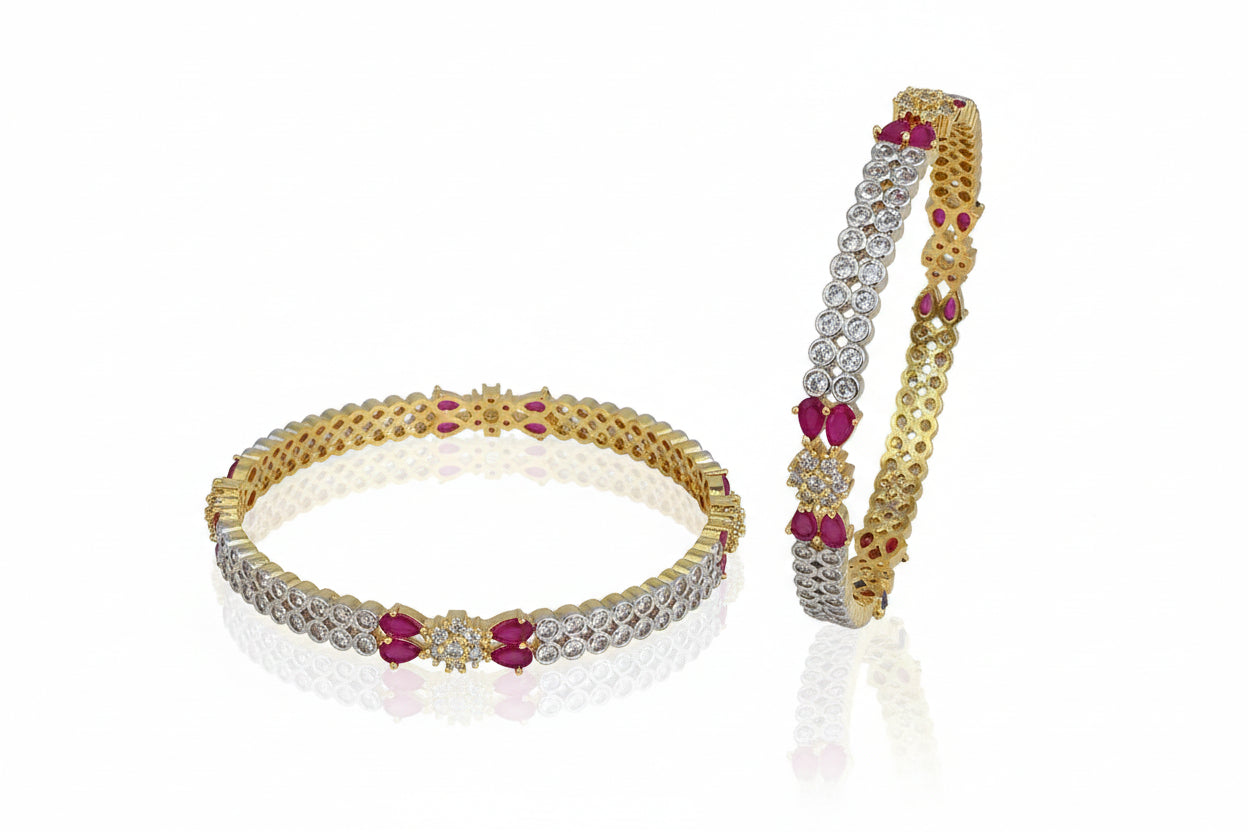 442185-Pretty Precious Gold Plated Cubic Zirconia/American Diamond Traditional Bangles/Bracelet Set of 2 for Women and Girls- Ruby (Size 2.4)