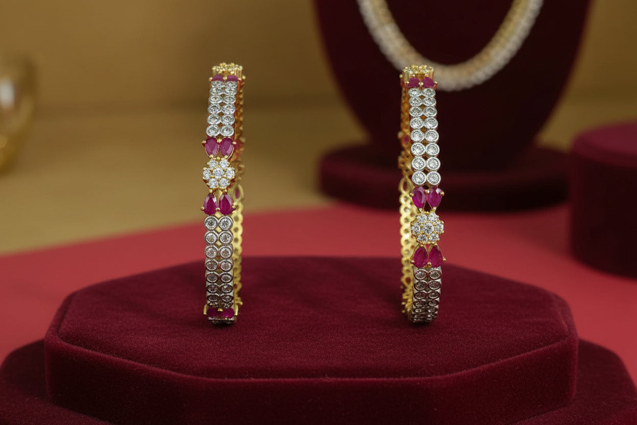 442185-Pretty Precious Gold Plated Cubic Zirconia/American Diamond Traditional Bangles/Bracelet Set of 2 for Women and Girls- Ruby (Size 2.4)