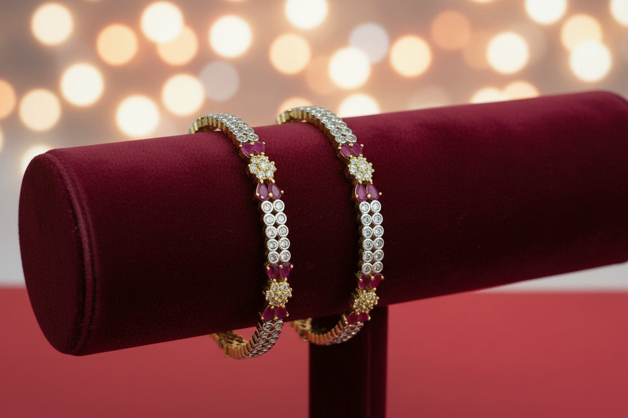 442185-Pretty Precious Gold Plated Cubic Zirconia/American Diamond Traditional Bangles/Bracelet Set of 2 for Women and Girls- Ruby (Size 2.4)