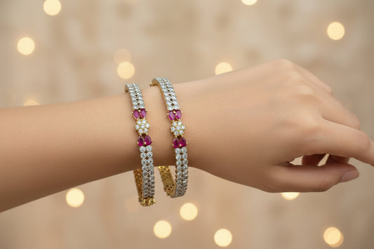 442185-Pretty Precious Gold Plated Cubic Zirconia/American Diamond Traditional Bangles/Bracelet Set of 2 for Women and Girls- Ruby (Size 2.4)