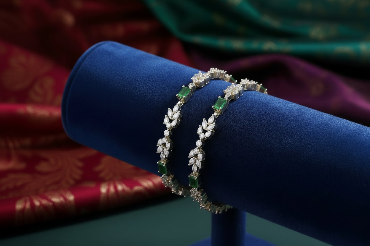 443326-Pretty Precious Gold Plated Cubic Zirconia/American Diamond Traditional Bangles/Bracelet Set of 2 for Women and Girls- Green (Size 2.4)