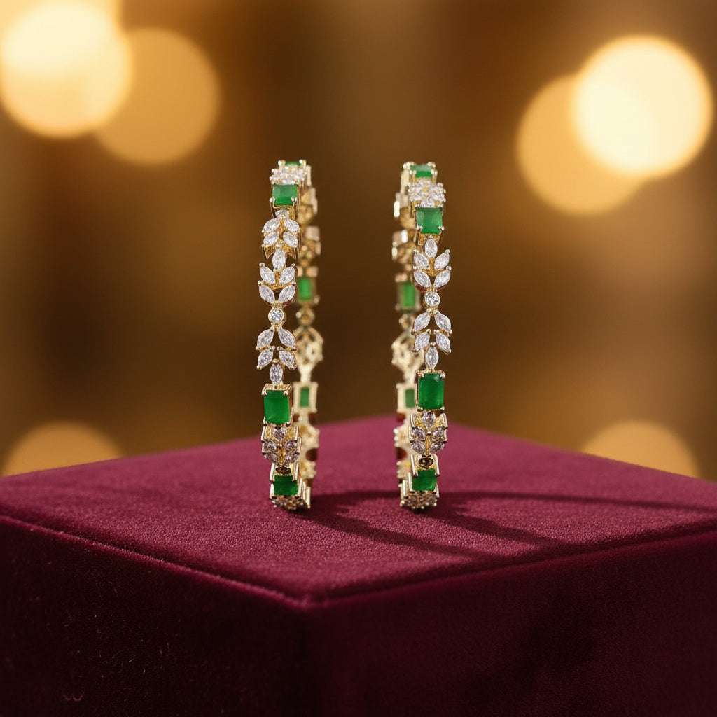 443326-Pretty Precious Gold Plated Cubic Zirconia/American Diamond Traditional Bangles/Bracelet Set of 2 for Women and Girls- Green (Size 2.4)