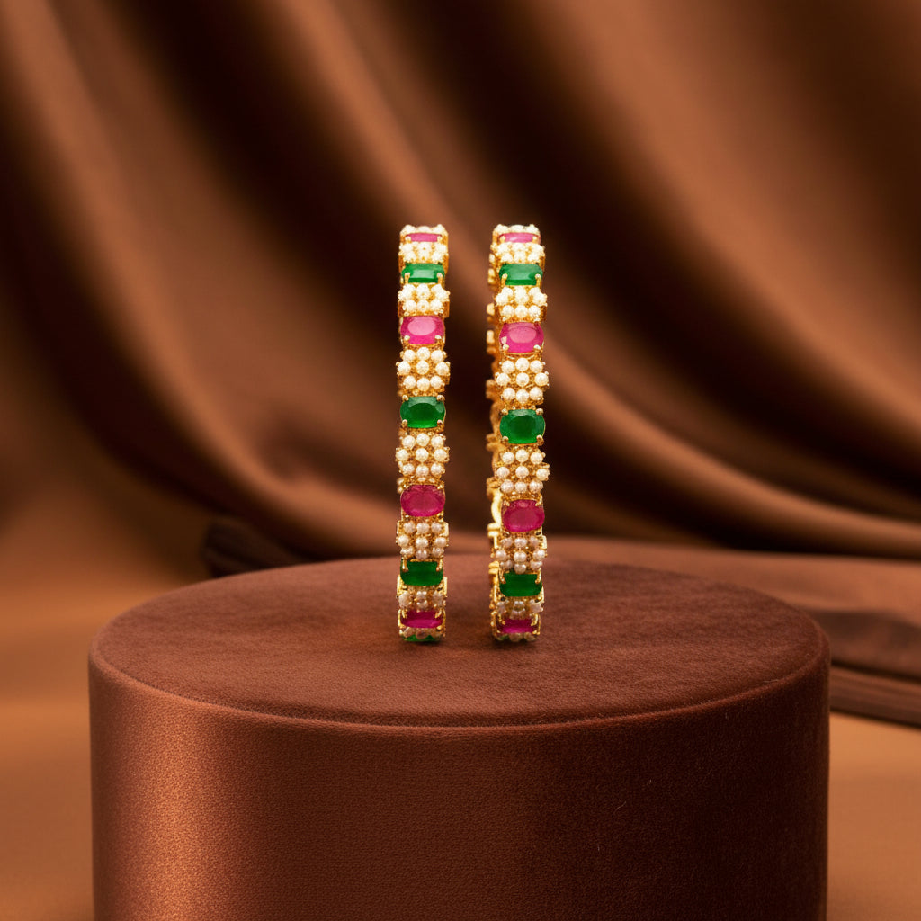 430510-Pretty Precious Gold Plated Cubic Zirconia/American Diamond Traditional Bangles/Bracelet Set of 2 for Women and Girls- Ruby Green (Size 2.4)