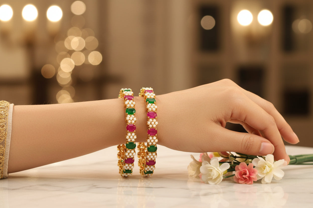 430510-Pretty Precious Gold Plated Cubic Zirconia/American Diamond Traditional Bangles/Bracelet Set of 2 for Women and Girls- Ruby Green (Size 2.4)