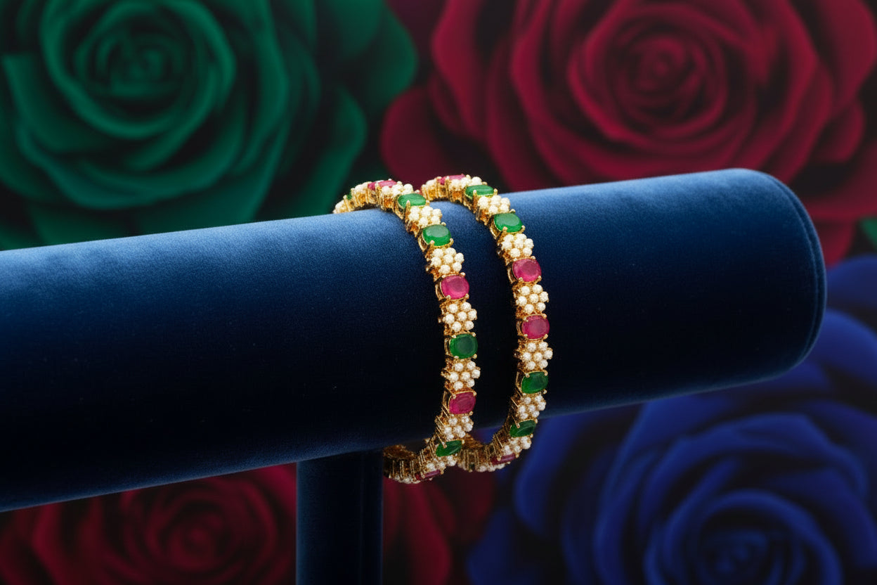 430510-Pretty Precious Gold Plated Cubic Zirconia/American Diamond Traditional Bangles/Bracelet Set of 2 for Women and Girls- Ruby Green (Size 2.4)