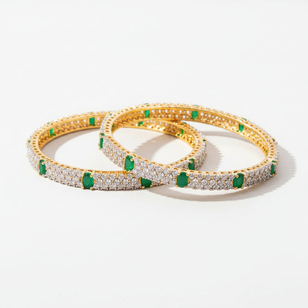 434884-Pretty Precious Gold Plated Cubic Zirconia/American Diamond Traditional Bangles/Bracelet Set of 2 for Women and Girls- Green (Size 2.4)