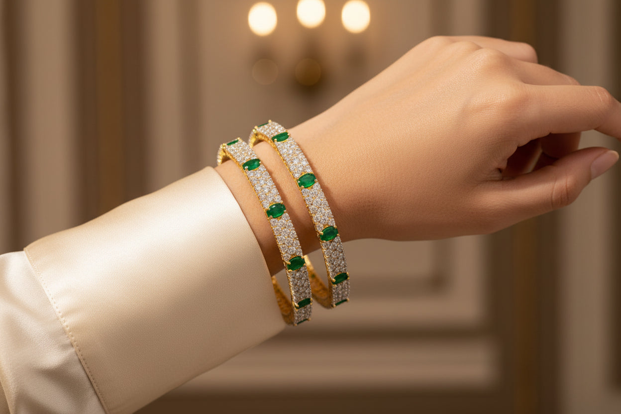 434884-Pretty Precious Gold Plated Cubic Zirconia/American Diamond Traditional Bangles/Bracelet Set of 2 for Women and Girls- Green (Size 2.4)