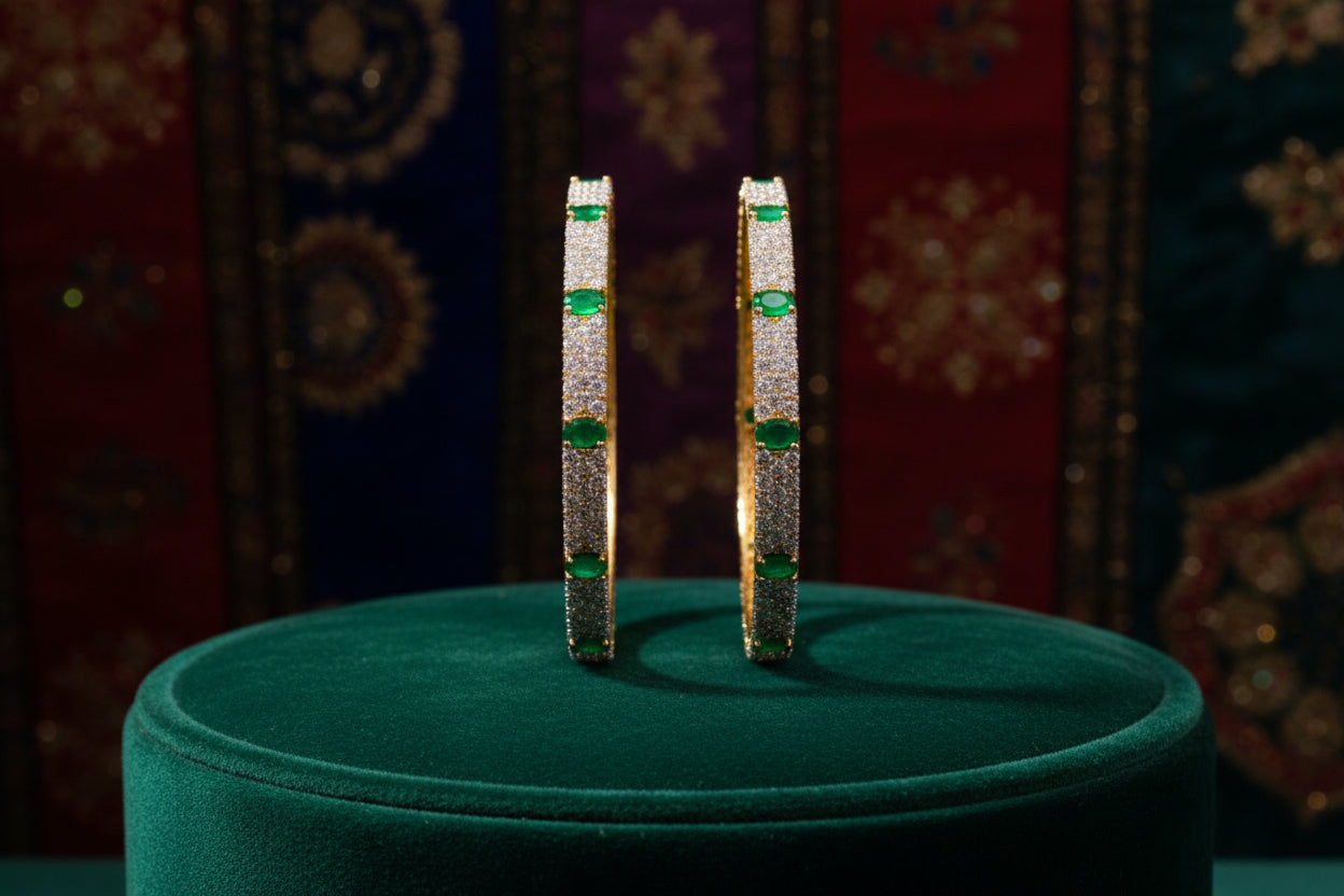 434884-Pretty Precious Gold Plated Cubic Zirconia/American Diamond Traditional Bangles/Bracelet Set of 2 for Women and Girls- Green (Size 2.4)