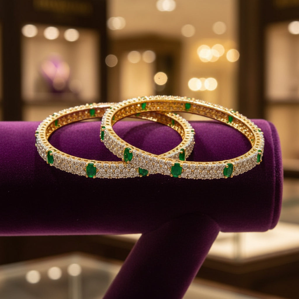 434884-Pretty Precious Gold Plated Cubic Zirconia/American Diamond Traditional Bangles/Bracelet Set of 2 for Women and Girls- Green (Size 2.4)
