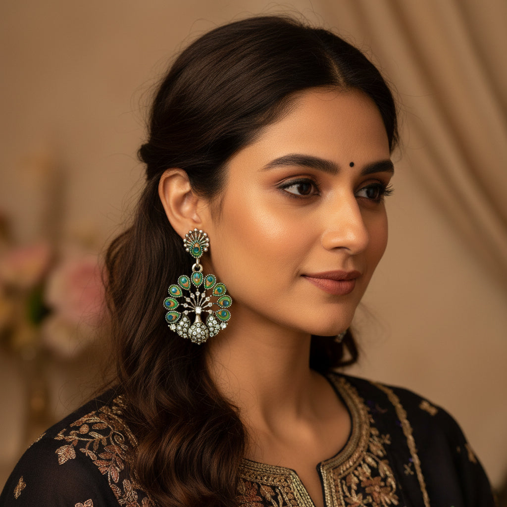 1344-Pretty Precious Oxidised Silver Earrings for Women, Party Wear Dangle Earrings with Cubic Zirconia Stones, Silver Plating-Peacock Design