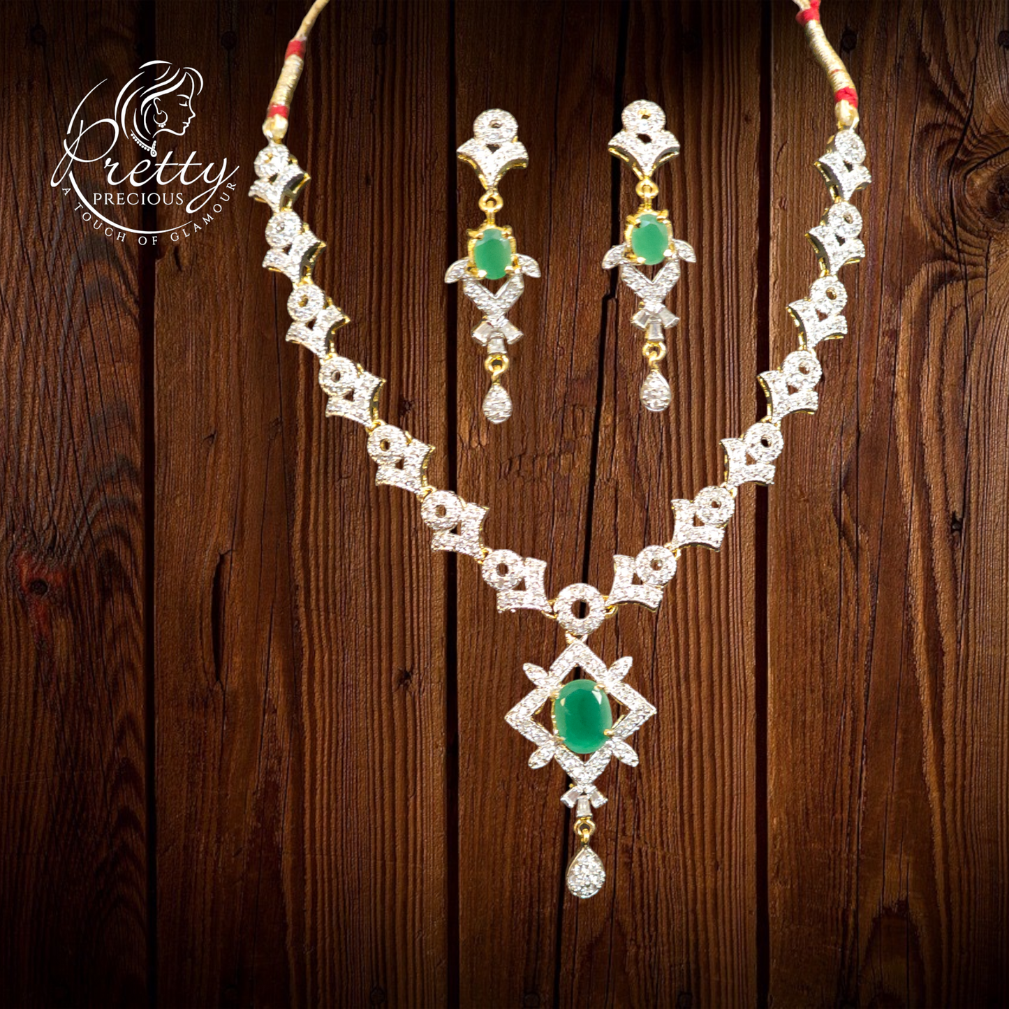 912009 Cz Delicate Necklace With 2 Tone Plating-Green