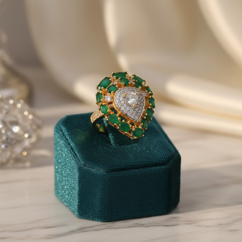 1587-Pretty Precious American Diamond Finger Ring for Women & Girls | Gold Plated AD Ring | Adjustable Elegant Party, Wedding & Daily Wear Jewellery-Green