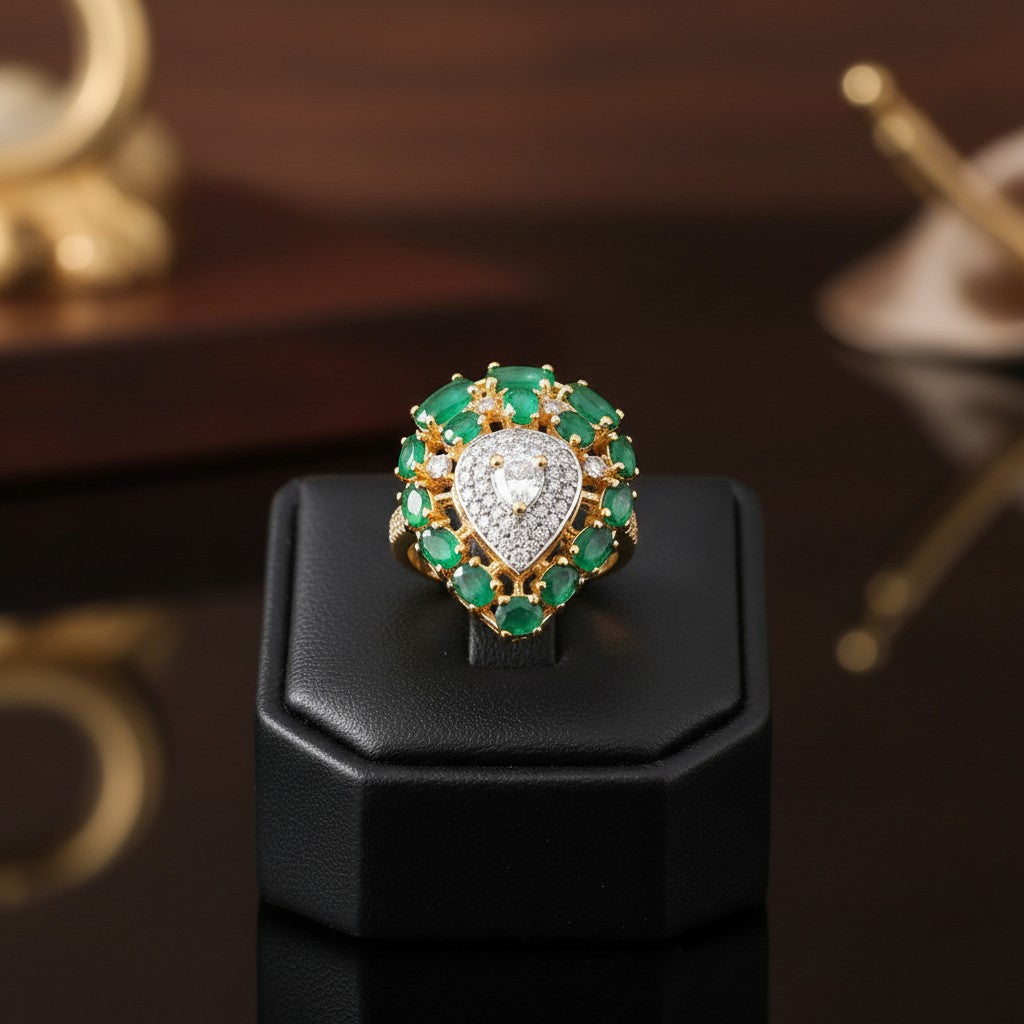 1587-Pretty Precious American Diamond Finger Ring for Women & Girls | Gold Plated AD Ring | Adjustable Elegant Party, Wedding & Daily Wear Jewellery-Green