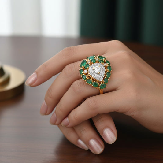 1587-Pretty Precious American Diamond Finger Ring for Women & Girls | Gold Plated AD Ring | Adjustable Elegant Party, Wedding & Daily Wear Jewellery-Green