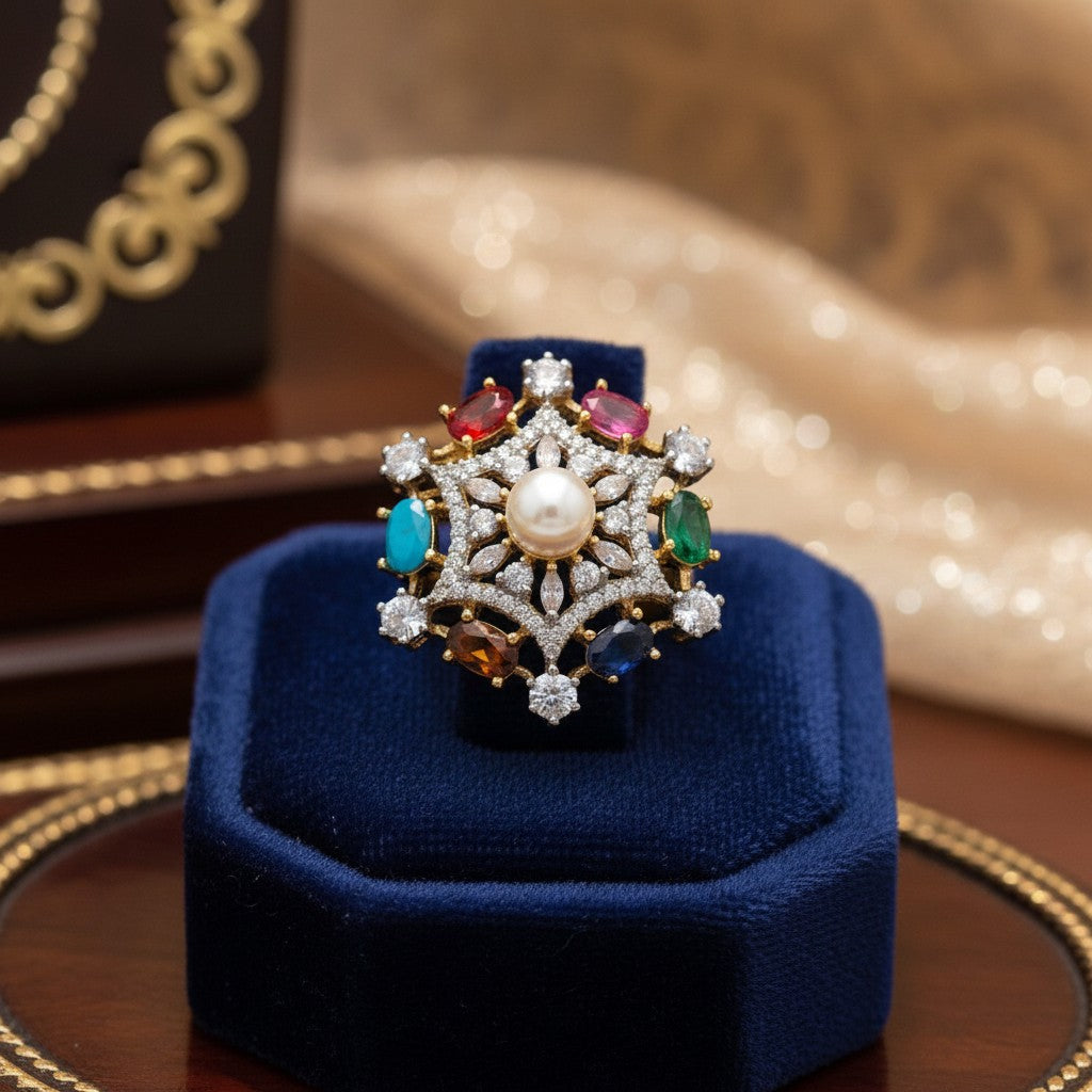 1585-Pretty Precious American Diamond Finger Ring for Women & Girls | Gold Plated AD Ring | Adjustable Elegant Party, Wedding & Daily Wear Jewellery-Multicolour