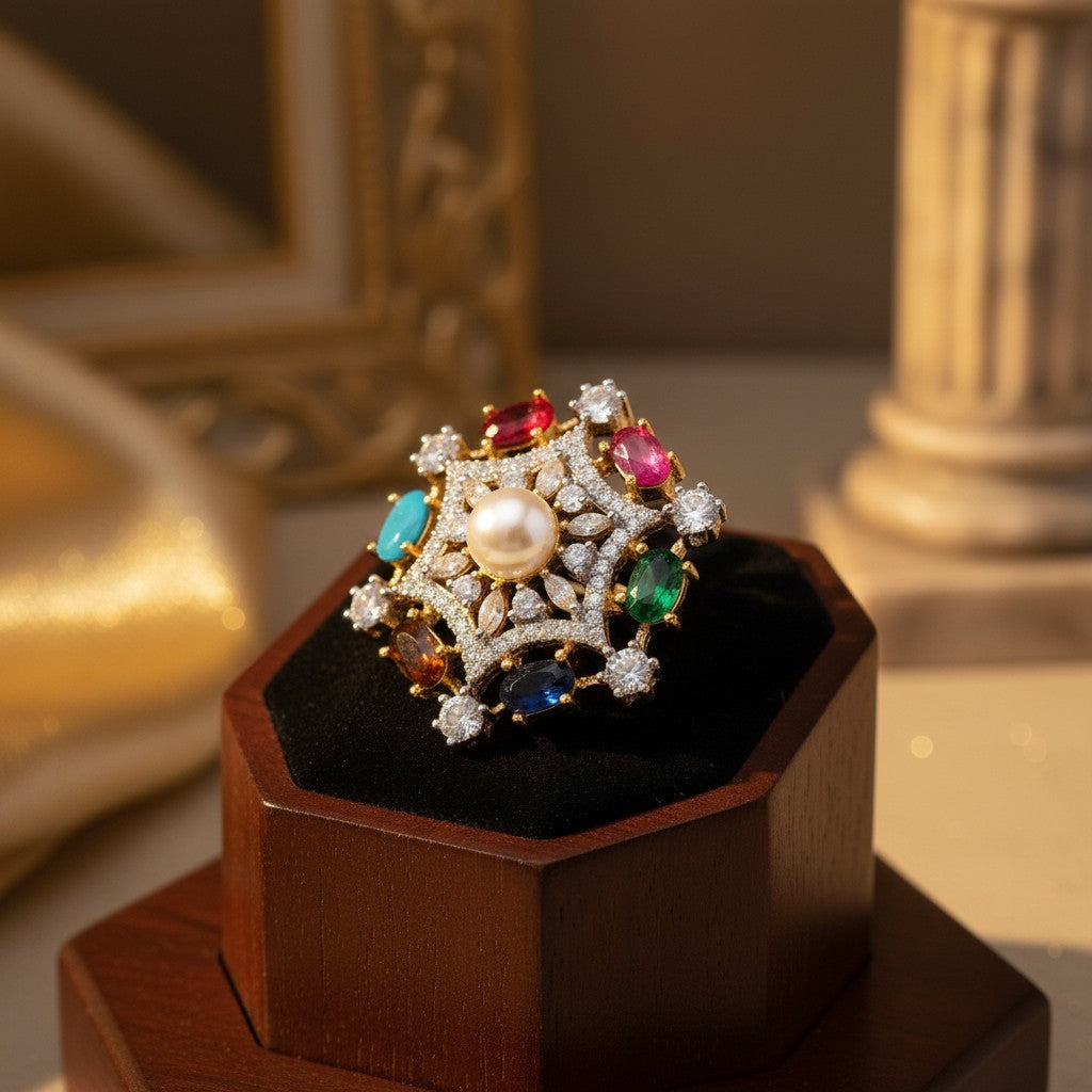 1585-Pretty Precious American Diamond Finger Ring for Women & Girls | Gold Plated AD Ring | Adjustable Elegant Party, Wedding & Daily Wear Jewellery-Multicolour