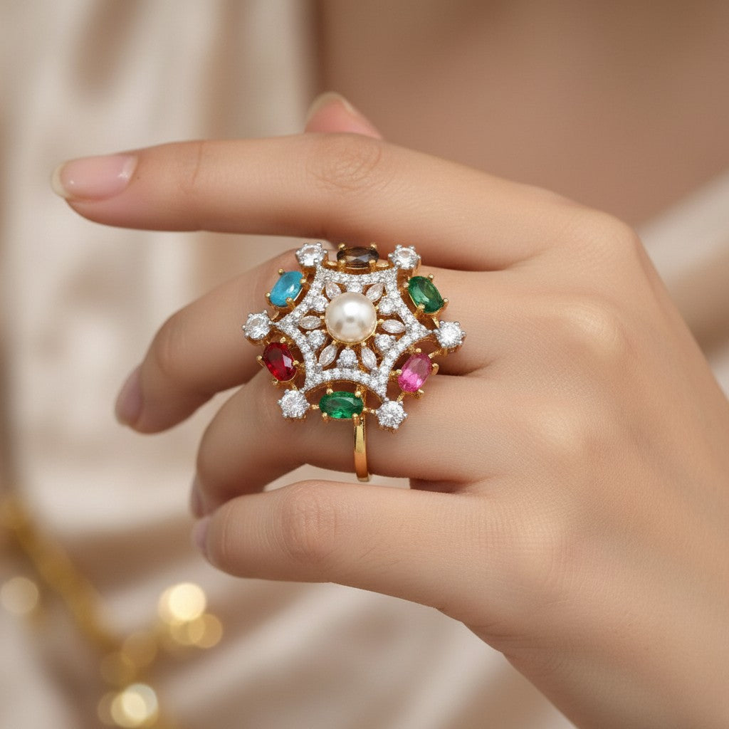 1585-Pretty Precious American Diamond Finger Ring for Women & Girls | Gold Plated AD Ring | Adjustable Elegant Party, Wedding & Daily Wear Jewellery-Multicolour