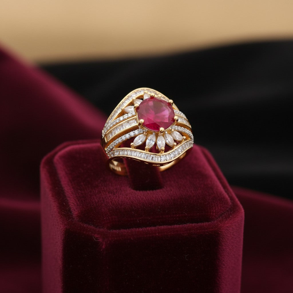 1579-Pretty Precious American Diamond Finger Ring for Women & Girls | Gold Plated AD Ring | Adjustable Elegant Party, Wedding & Daily Wear Jewellery-Ruby