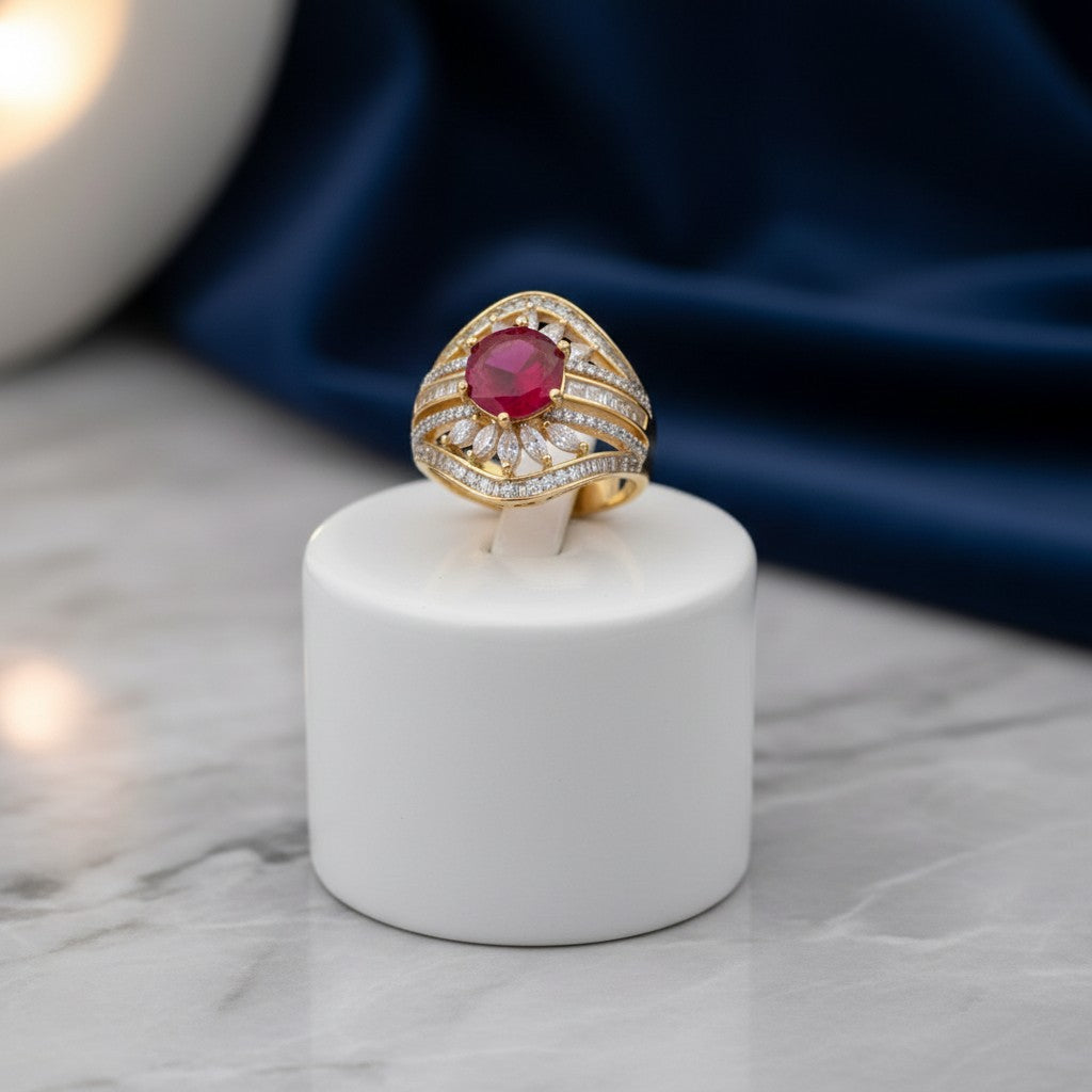 1579-Pretty Precious American Diamond Finger Ring for Women & Girls | Gold Plated AD Ring | Adjustable Elegant Party, Wedding & Daily Wear Jewellery-Ruby