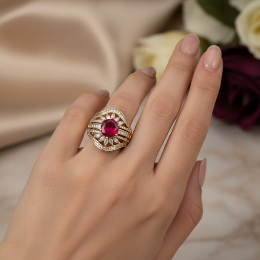 1579-Pretty Precious American Diamond Finger Ring for Women & Girls | Gold Plated AD Ring | Adjustable Elegant Party, Wedding & Daily Wear Jewellery-Ruby