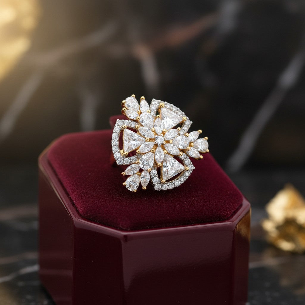 1588-Pretty Precious American Diamond Finger Ring for Women & Girls | Gold Plated AD Ring | Adjustable Elegant Party, Wedding & Daily Wear Jewellery-White